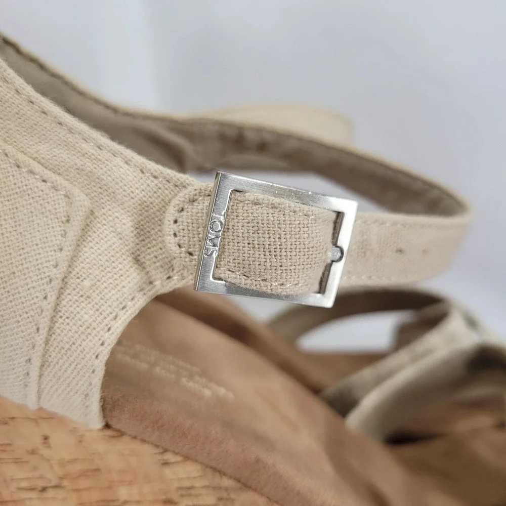 Toms Women Sz 9.5 Natural Woven Cork Platform Wedge Sandal Open Toe Strappy Shoe